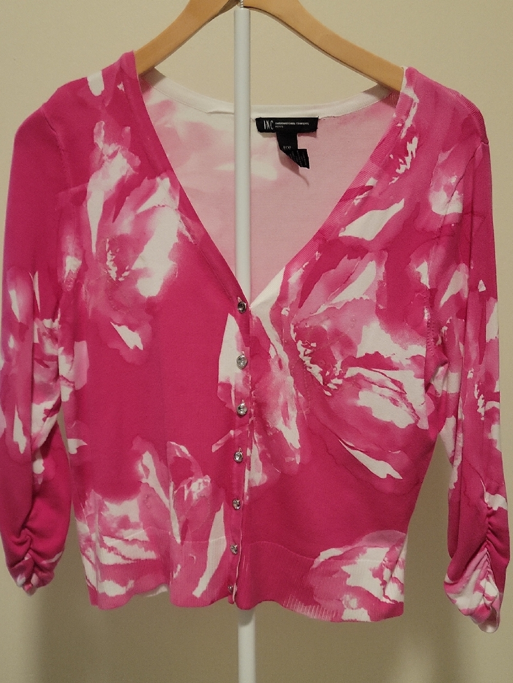 INC International Concepts Hot Pink and White Floral Button-Front Cardigan